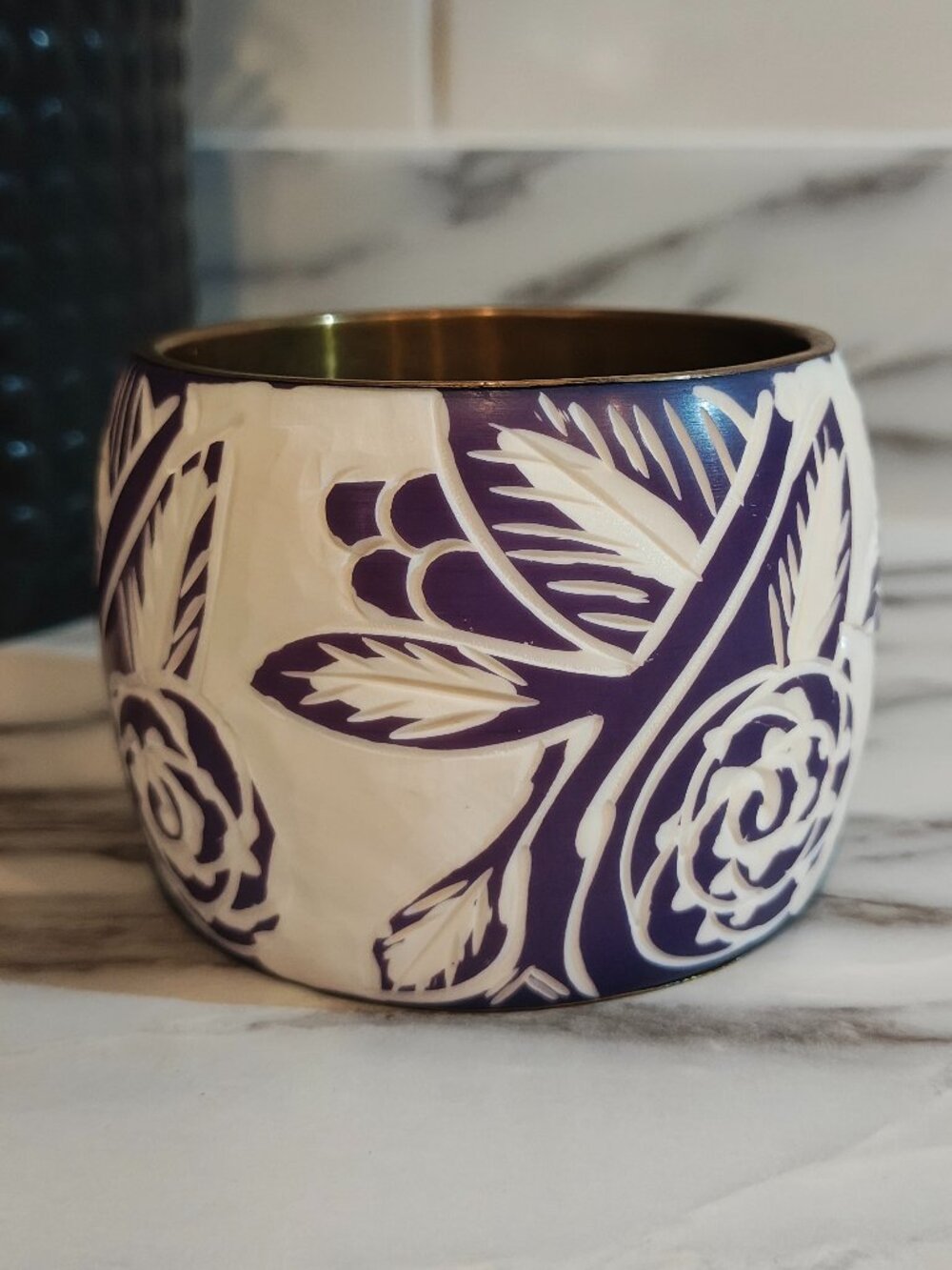 Vintage Carved Bangle Bracelet Dark Purple White Brass Bakelite?